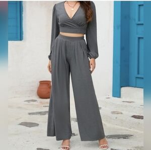 Cropped Wrap Top & Wide-Leg Pleated Pants Matching Set - Gray Sz S M L